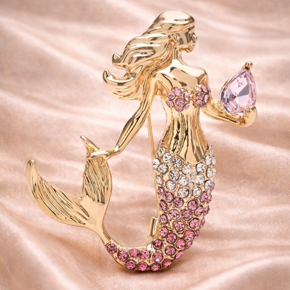 Gold Pink Mermaid Crystal Brooch